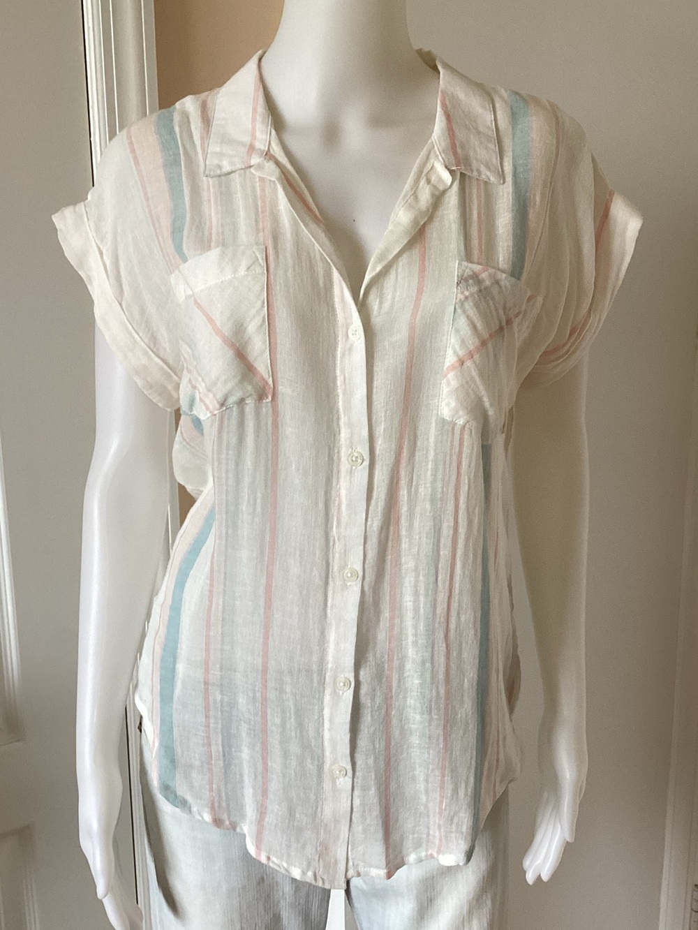 Thread & Supply Cream Button-Front Striped Top with Pink & Blue Accents